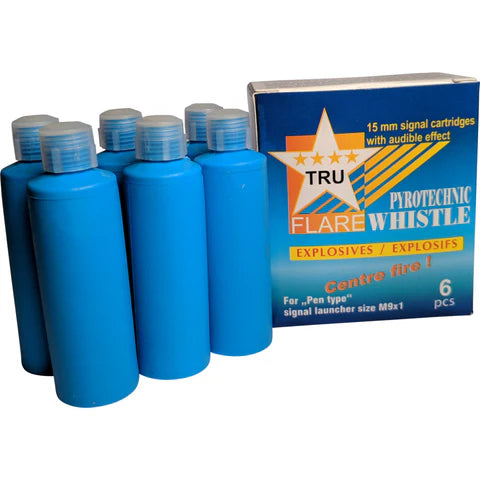 Tru Flare 15mm Centrefire Whistles Screamers, Blue Shell, Box of 6